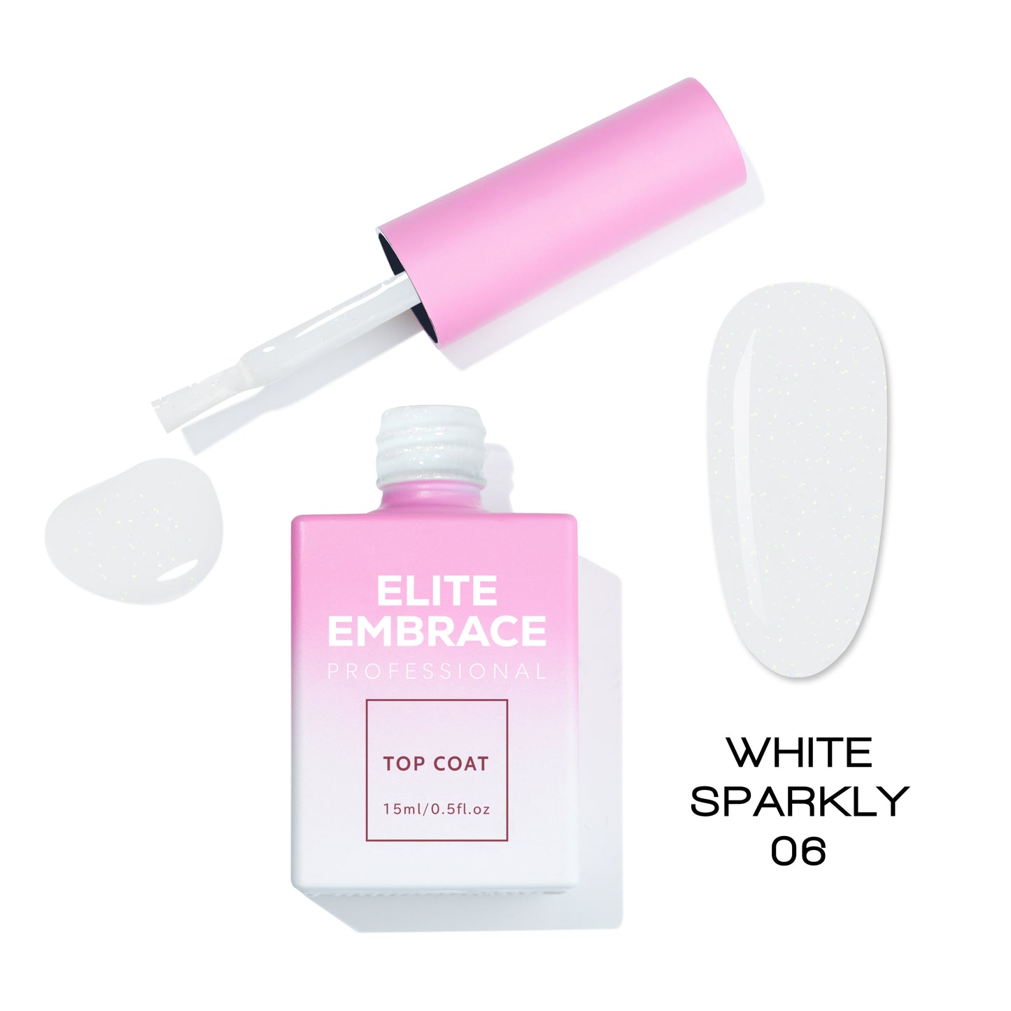 ELITE EMBRACE Professional Top Coat 06 White Sparkly 15мл Білий блискучий ETWS0615