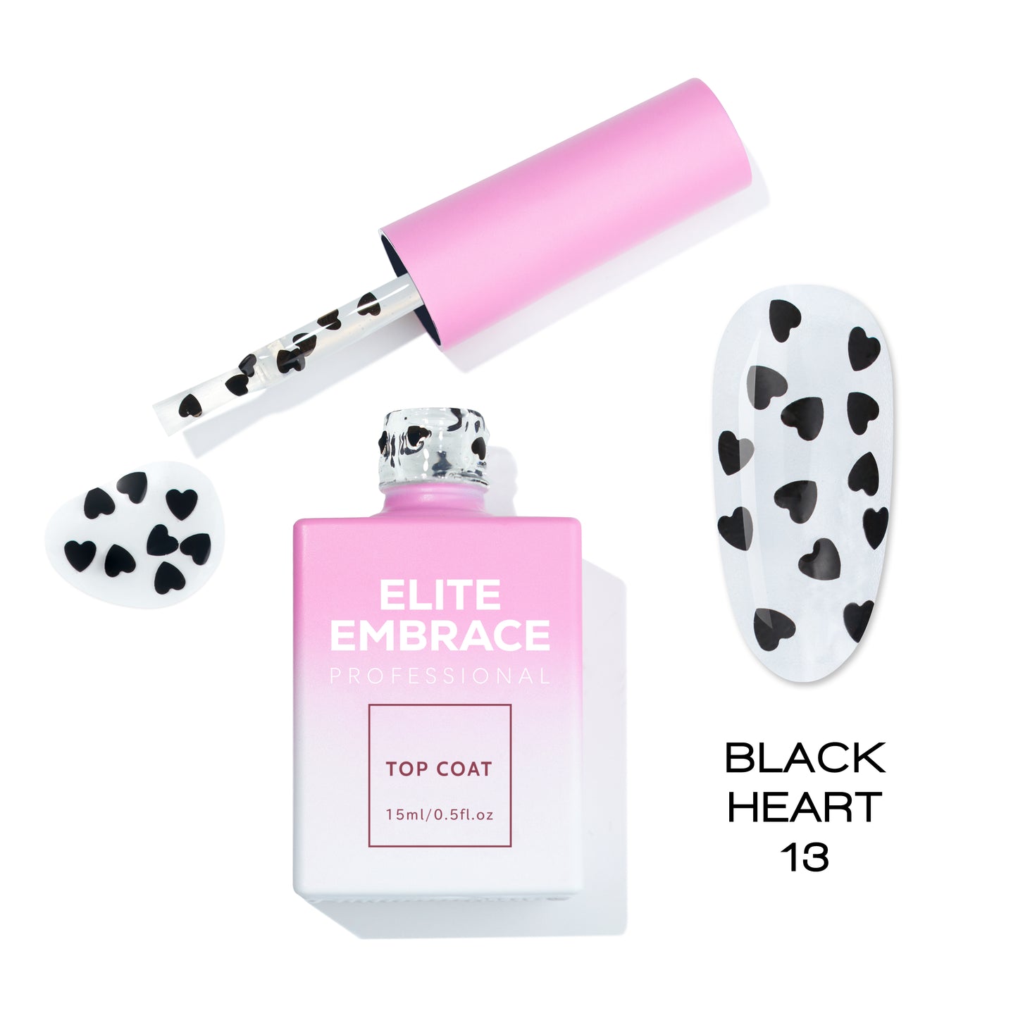 ELITE EMBRACE Professional Top Coat 13 Black Heart 15мл Прозорий Топ із Чорними Сердцями ETBH1315