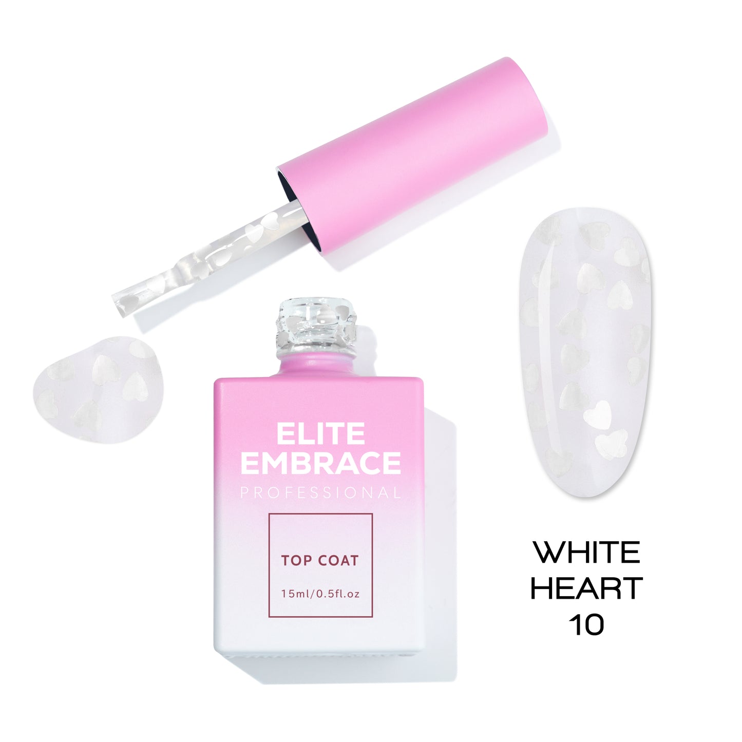 ELITE EMBRACE Professional Top Coat 10 White Heart 15мл Прозорий Топ із Білими Сердцями ETWH1015