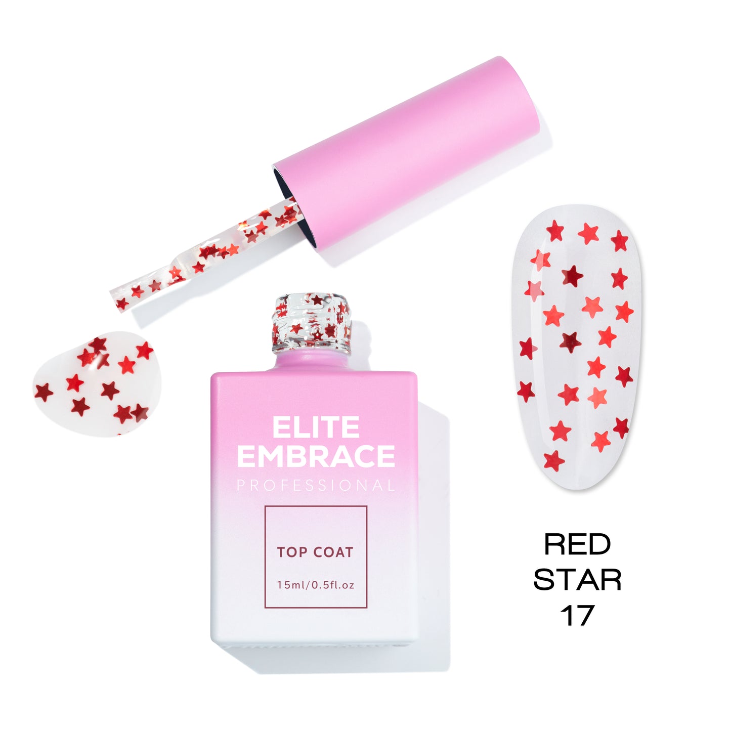 ELITE EMBRACE Professional Top Coat 17 Red Star 15мл Прозорий Топ із Червоними Зірками ETRS1715