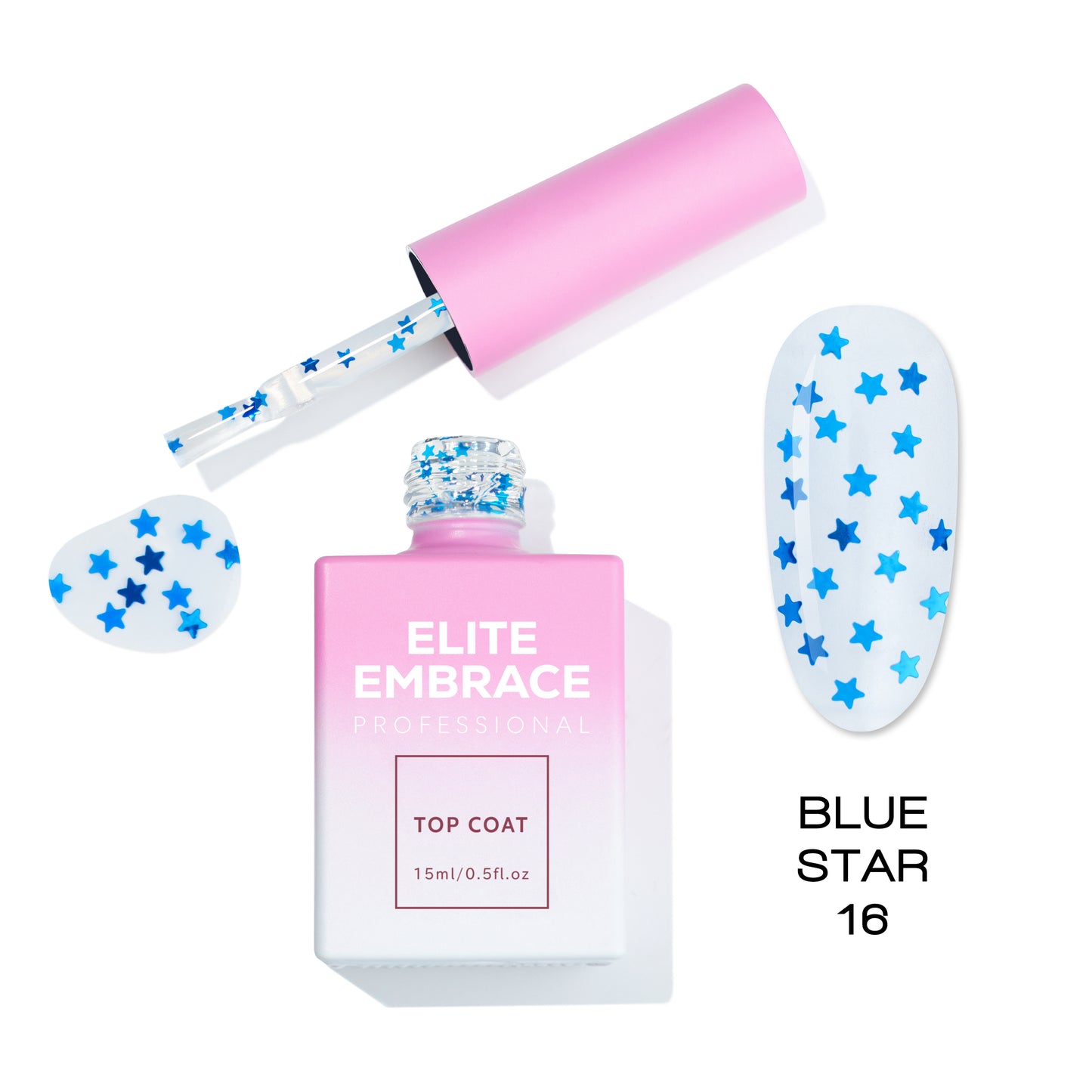 ELITE EMBRACE Professional Top Coat 16 Blue Star 15мл Прозорий Топ із Cиніми Зірками ETBS1615