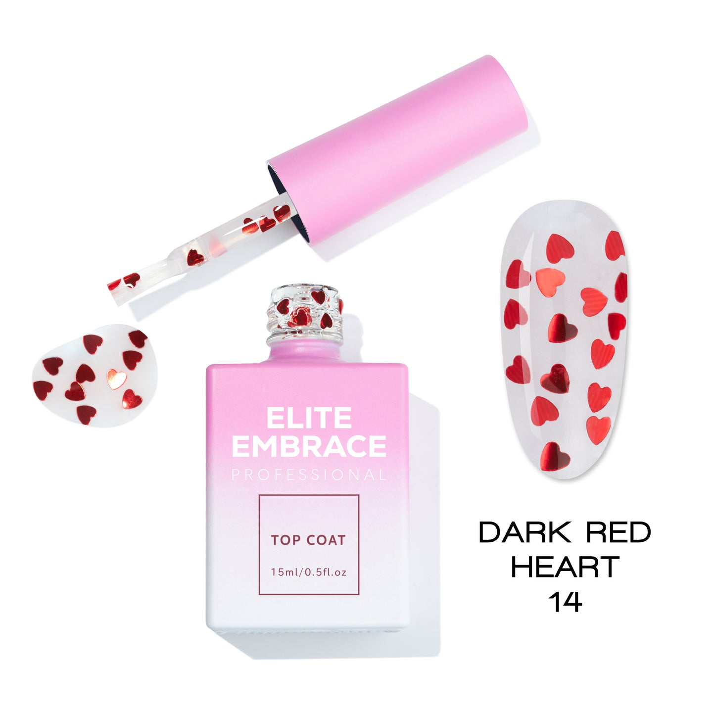 ELITE EMBRACE Professional Top Coat 14 Dark Red Heart 15мл Прозорий Топ із Темно-Червоними Сердцями ETDRH1415