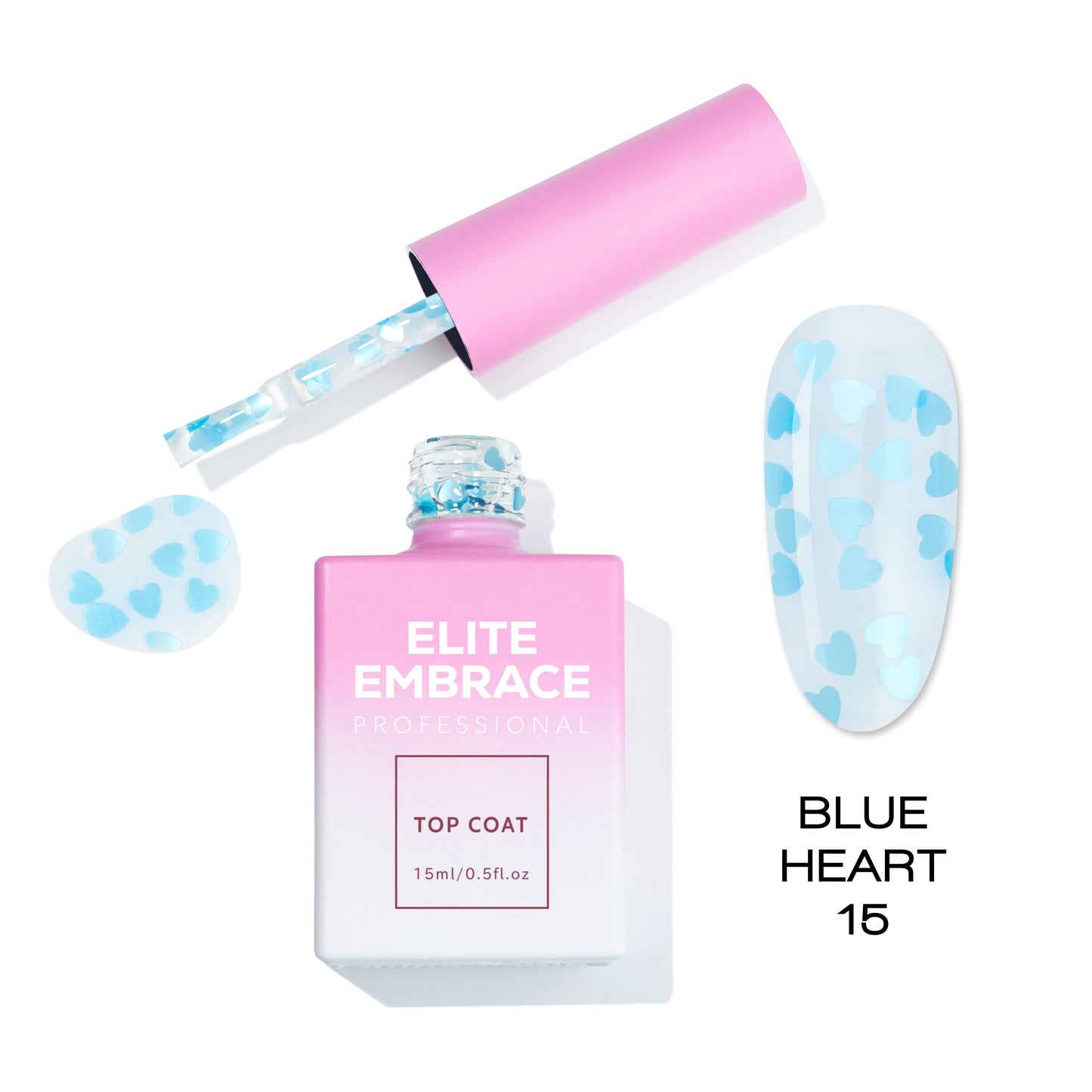ELITE EMBRACE Professional Top Coat 15 Blue Heart 15мл Прозорий Топ із Cиніми Сердцями ETBH1515