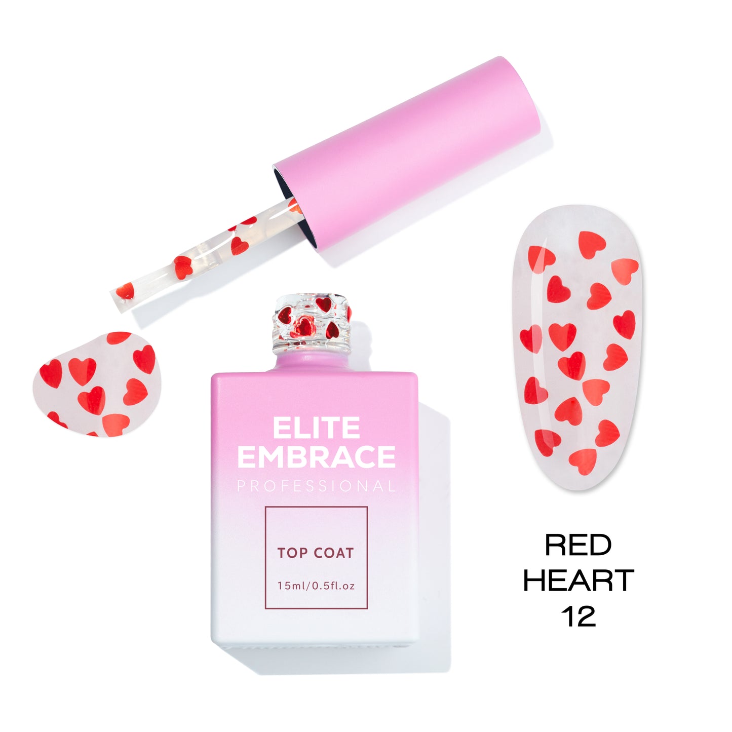 ELITE EMBRACE Professional Top Coat 12 Red Heart 15мл Прозорий Топ із Червоними Сердцями ETRH1215