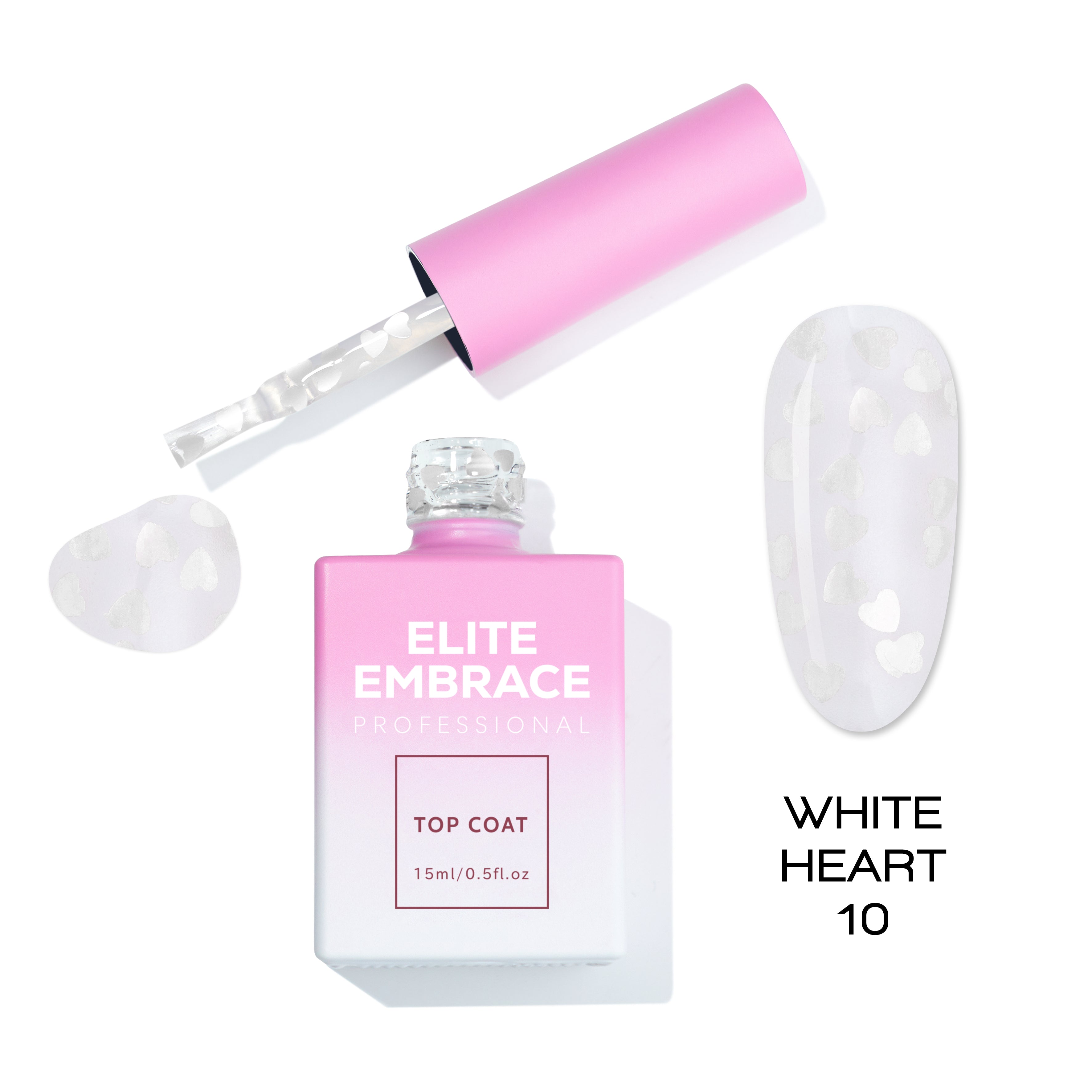 ELITE EMBRACE Professional Top Coat 10 White Heart 15мл Прозорий Топ із Білими Сердцями ETWH1015