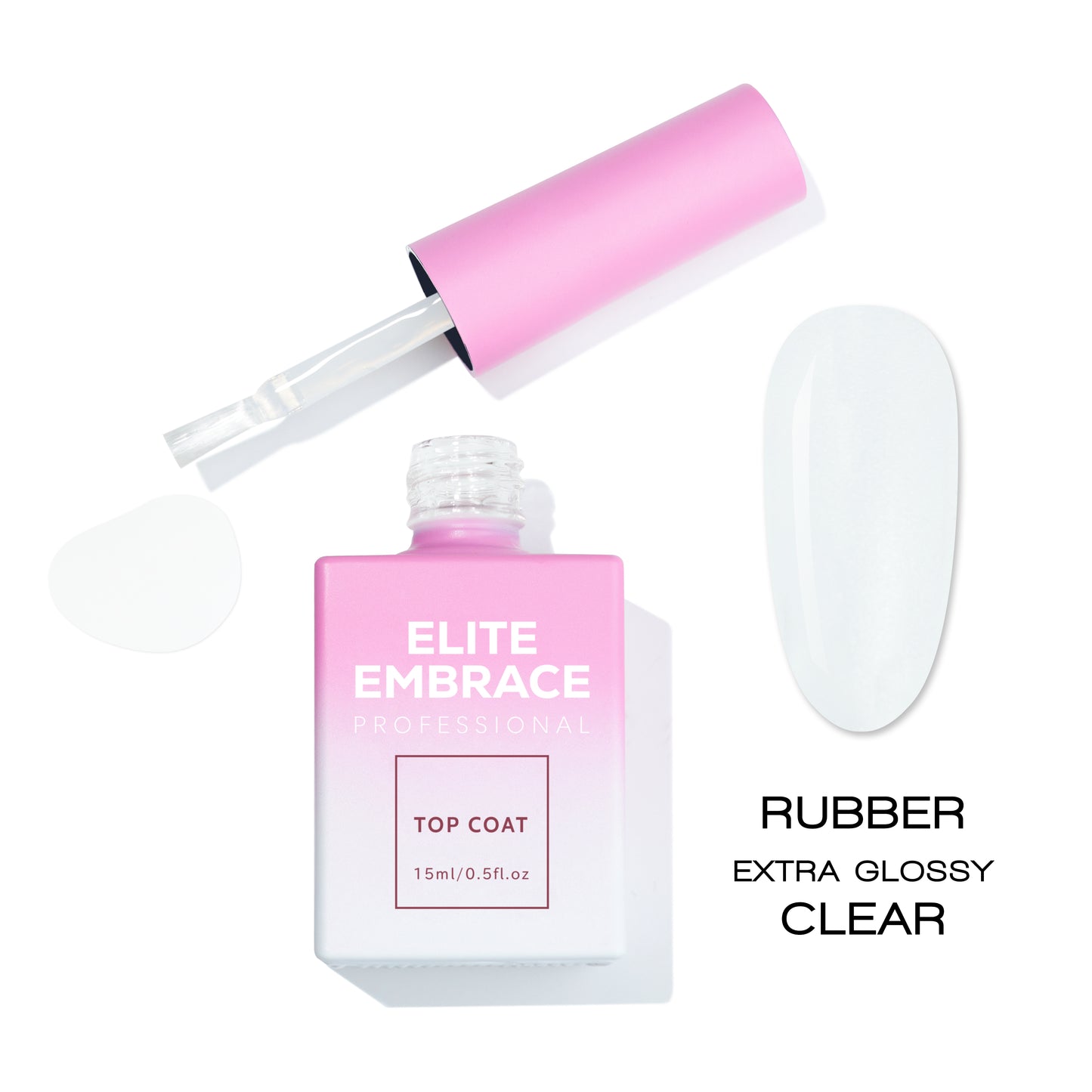 ELITE EMBRACE Professional Rubber Top Coat Extra Glossy Clear 15мл Каучуковий Топ із Глянцем 1004-2