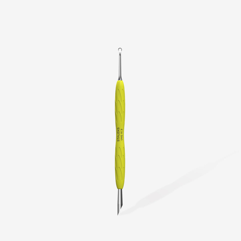 STALEKS PRO UNIQ 11 TYPE 2 Пушер кільце лопатка для манікюру із жовтою силіконовою ручкою PQ-11/2y