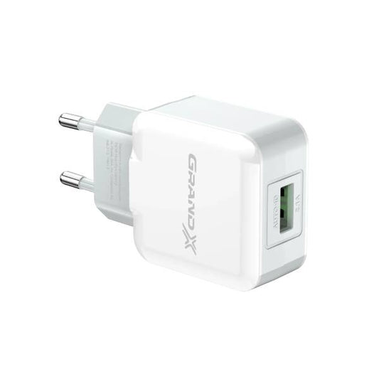 Зарядний пристрій USB 220В Grand-X 5V 2,1A (CH-03W) БІЛИЙ, c захистом від перевантаження